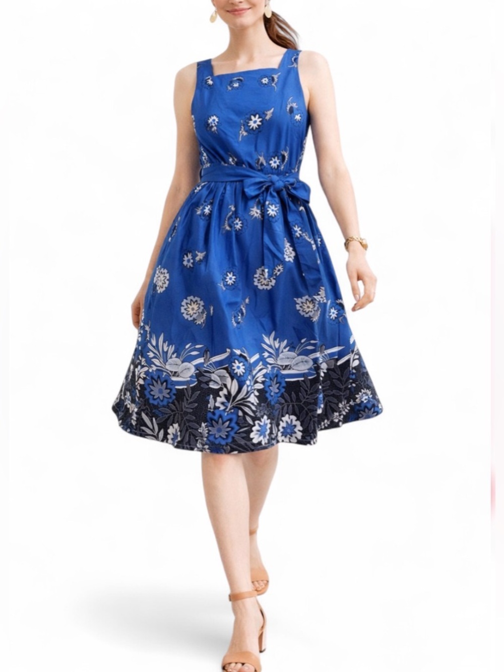 Ann Taylor Royal Blue Floral Poplin Fit Flare Sleeveless Midi Dress Size 10